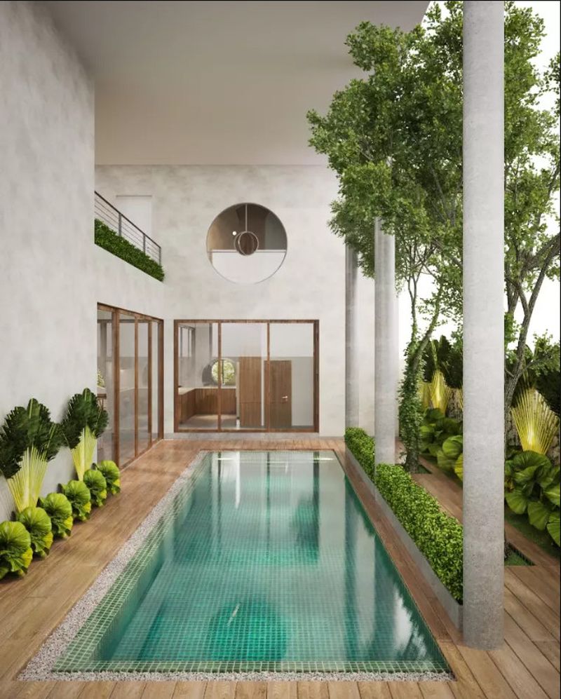 Ngay cạnh không gian phòng khách sẽ là hệ thống bể bơi để bạn có thể thư giãn nghỉ ngơi