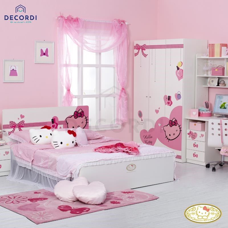 Mẫu phòng ngủ hello kitty với tông màu trắng và hồng phấn nhẹ nhàng, được trang trí bằng các hình dáng ở giường ngủ, tủ quần áo.