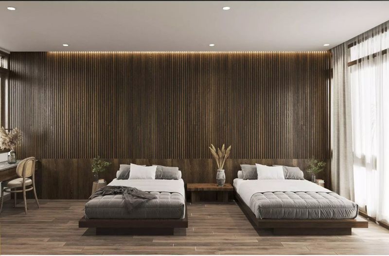 Phòng ngủ đôi cho các con, dùng những tông màu nâu trầm nhưng không bị già nua mà vẫn thể hiện được tính trẻ trung qua đường nét thiết kế.